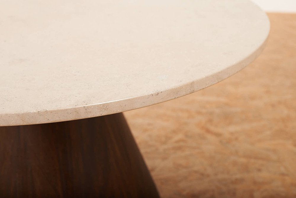 Side Table with Solid Dark Stained & Lacquered Wood Base & Travertine Top for sale at Pamono