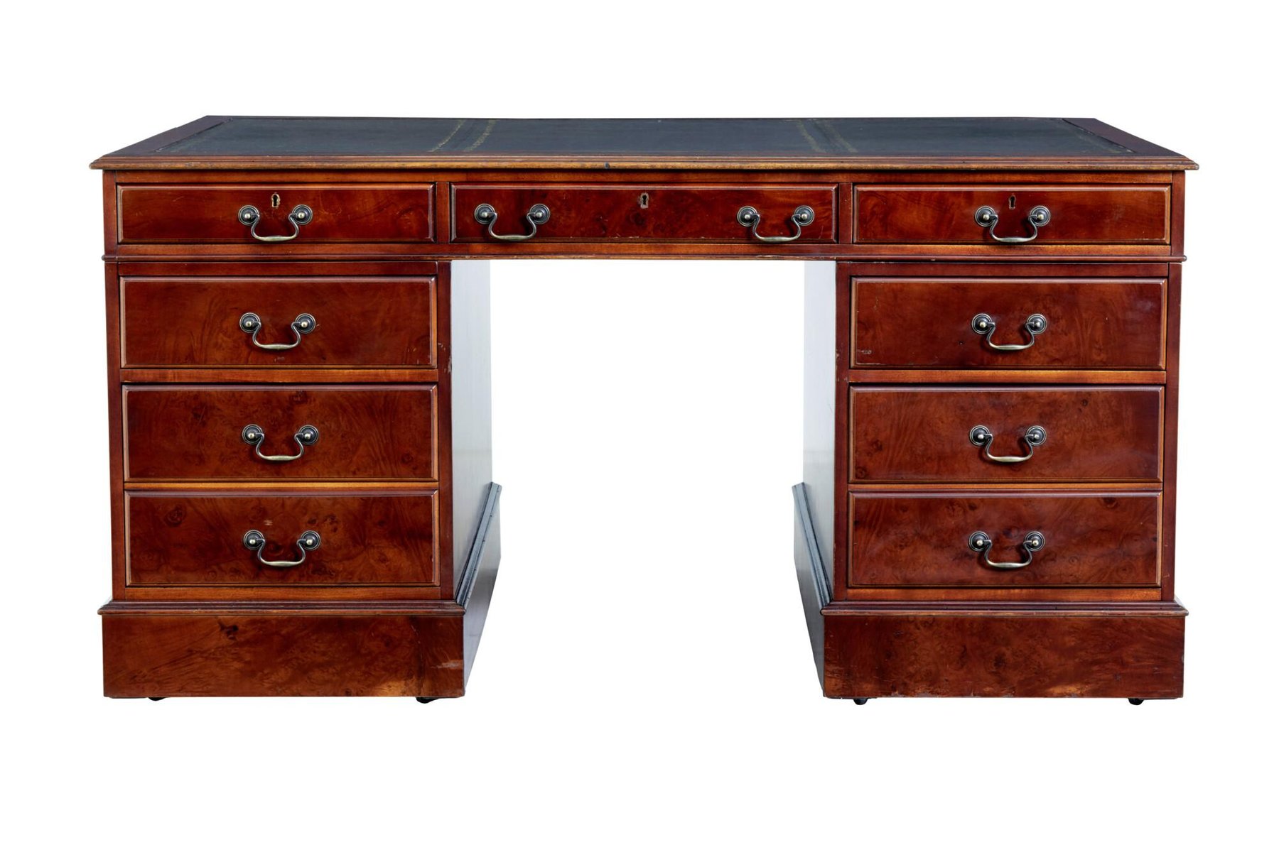 Mahogany and Burr Leather Top Pedestal Desk, 1990s for sale at Pamono