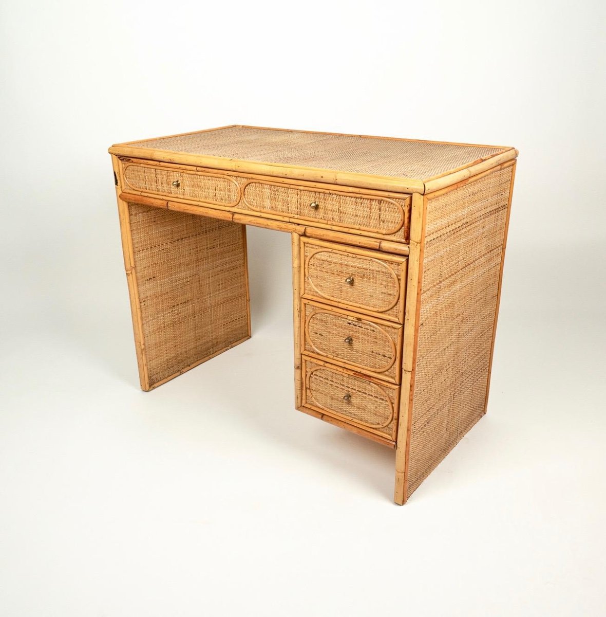 MidCentury Italian Bamboo, Wicker & Rattan Desk Table with Drawers