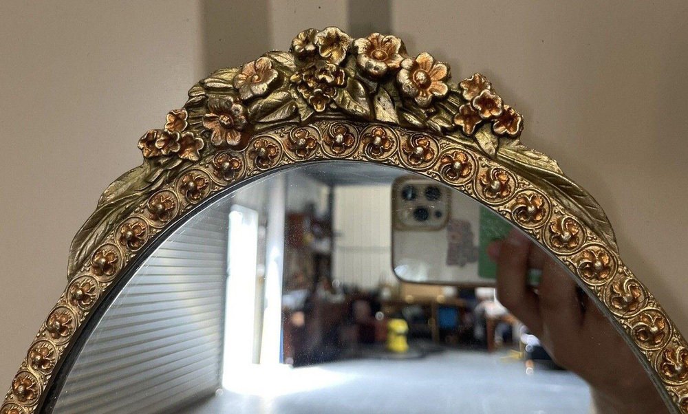 Vintage Gold Gilded Plaster Oval Mirror for sale at Pamono