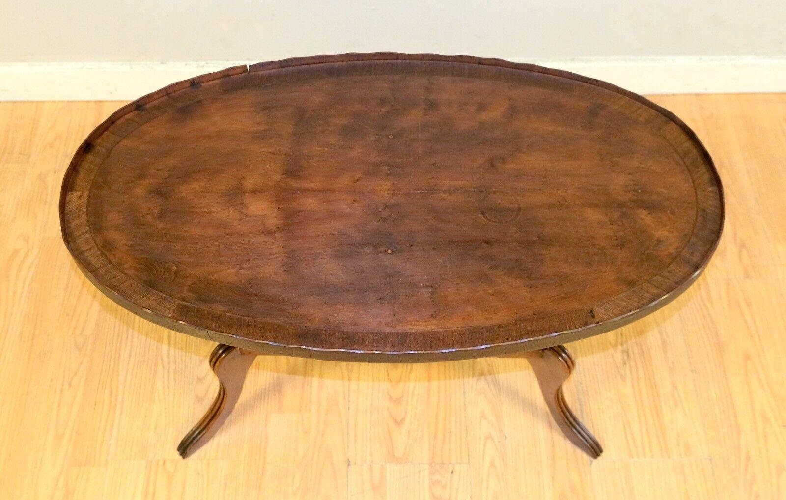 Antique Regency Oval Yew Wood Pie Crust Edge Coffee Table on Sabre Feet