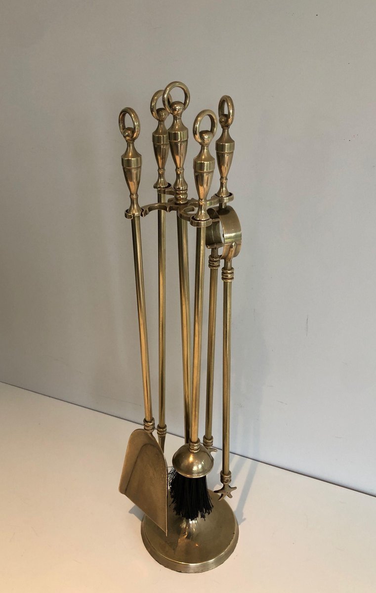 Brass Fireplace Tools on Stand, 1970s, Set of 5 for sale at Pamono