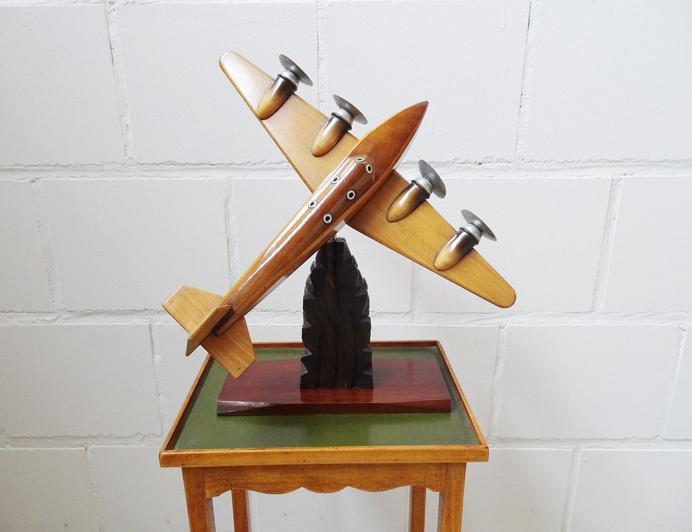 Statua da scrivania in metallo vintage industriale con modello di aereo a reazione, circa anni