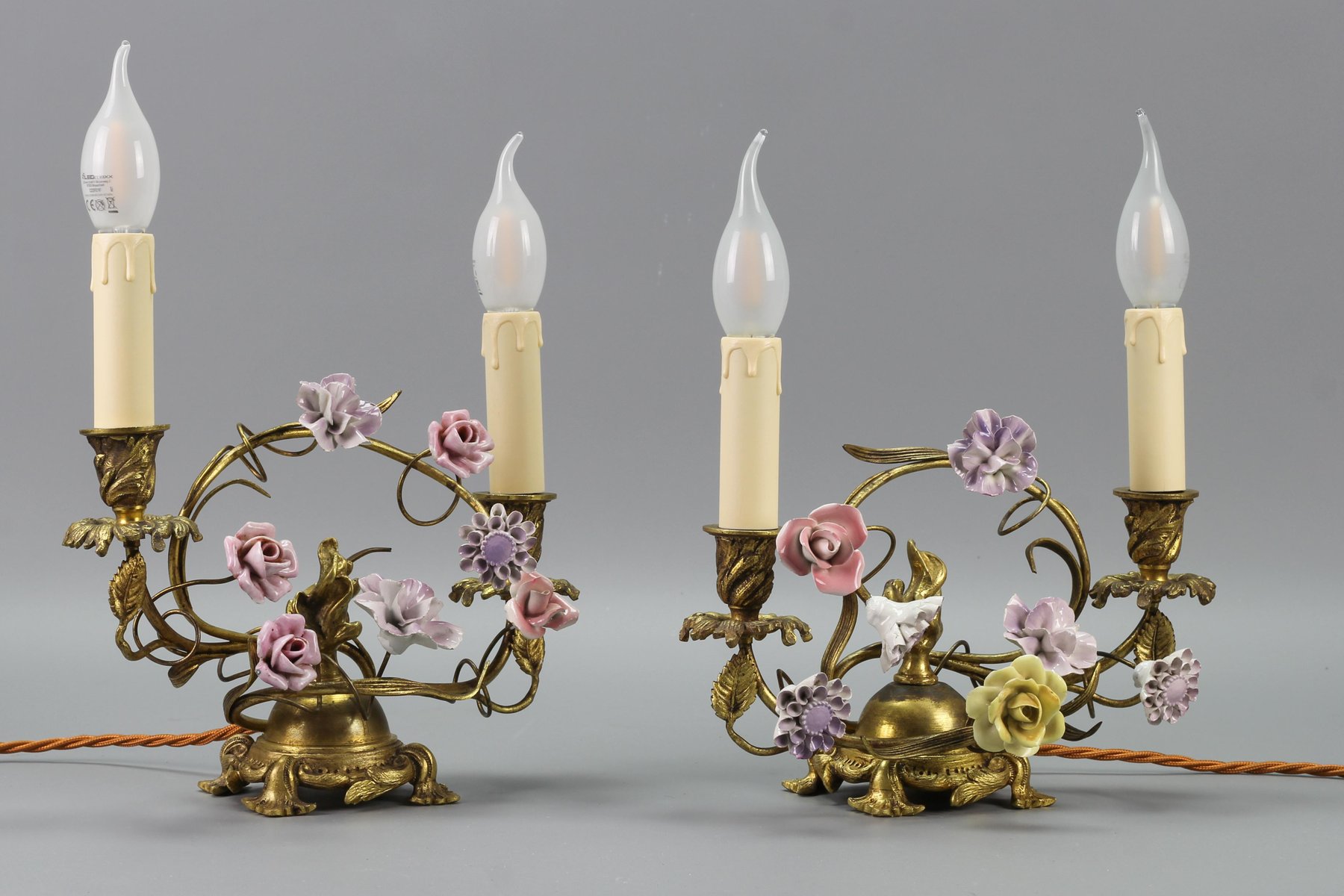 French Rococo Gilt Bronze and Porcelain Flowers Table Lamps, 1950s, Set ...