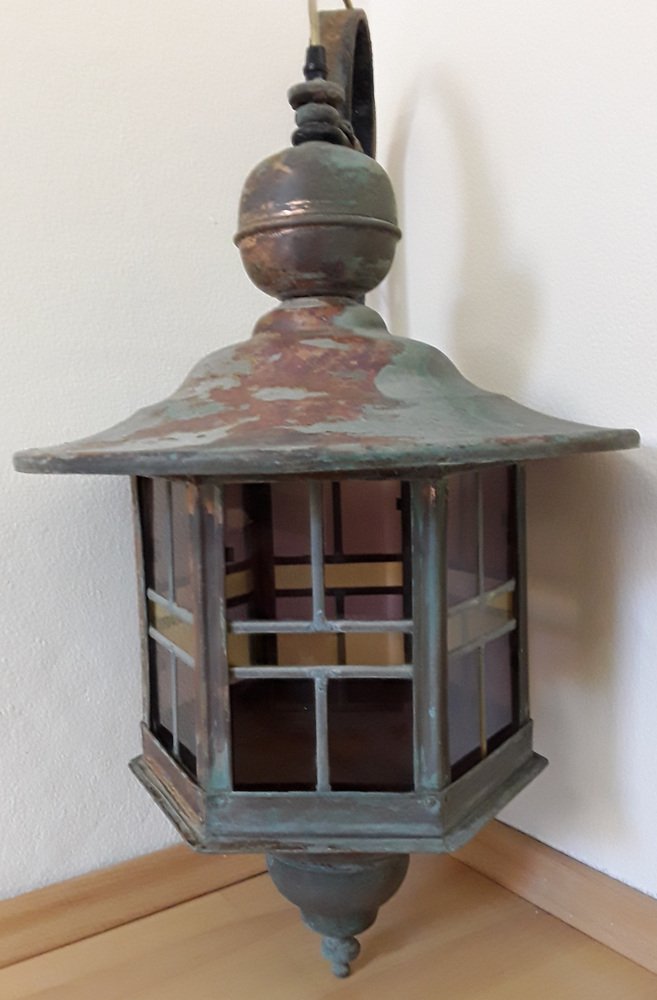 Vintage Wall Lantern with Copper Housing with an Iron Arch Holder