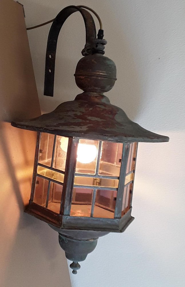 Vintage Wall Lantern with Copper Housing with an Iron Arch Holder