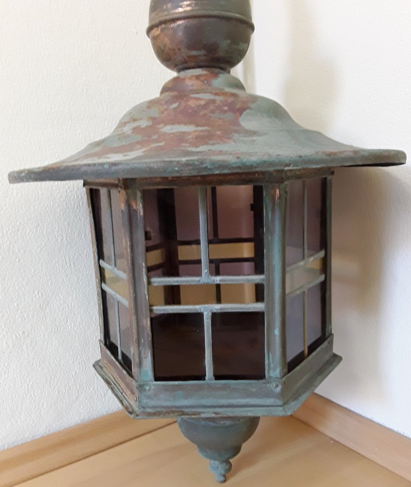 Vintage Wall Lantern with Copper Housing with an Iron Arch Holder
