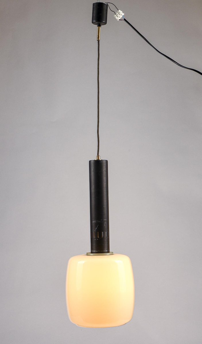 Metal & Beige Opaque Glass Pendant Light, Italy, 1970s for sale at Pamono