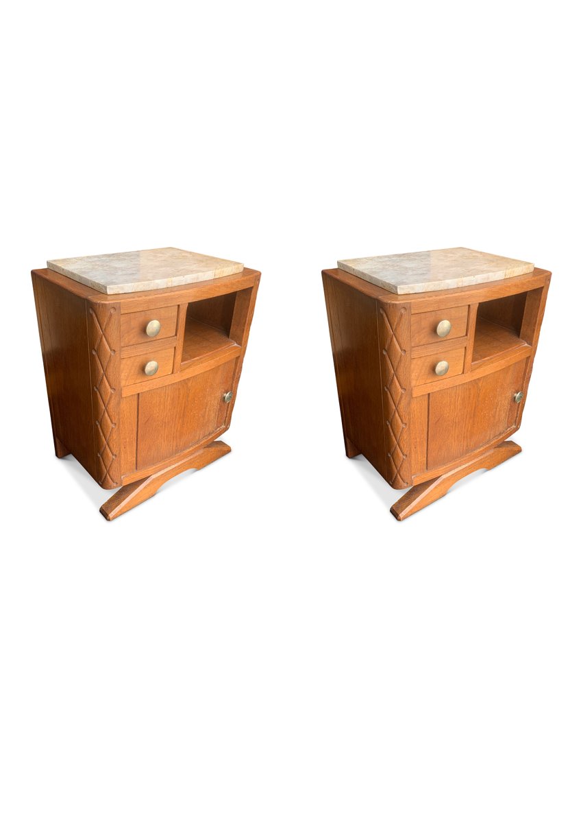 Tables de Chevet Art Déco en Chêne Chaulé, Chêne Sculpté avec Plateau