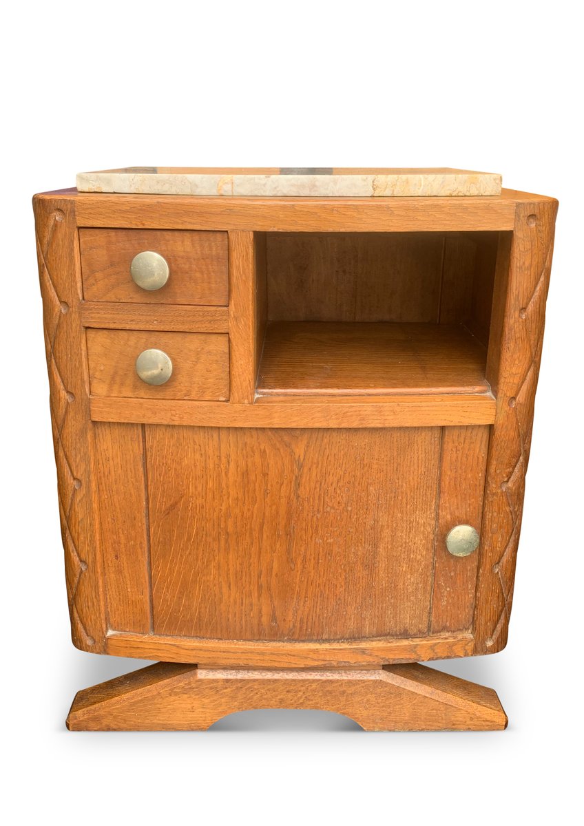 Tables de Chevet Art Déco en Chêne Chaulé, Chêne Sculpté avec Plateau