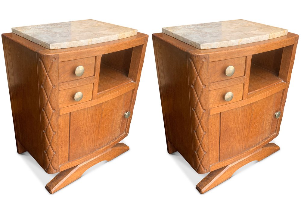 Tables de Chevet Art Déco en Chêne Chaulé, Chêne Sculpté avec Plateau