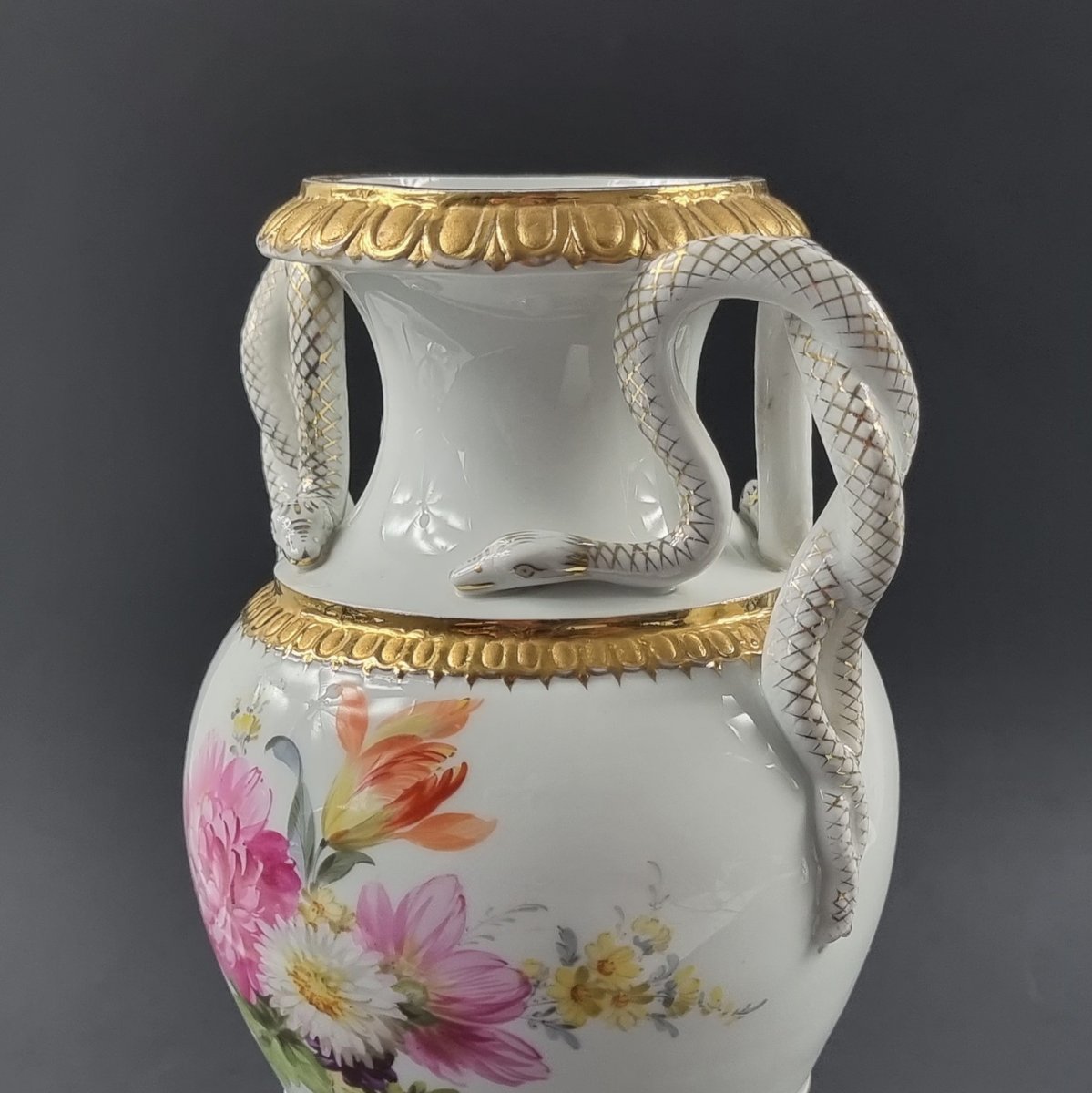 HandPainted Vase with Snake Handles from Meissen, Germany, 20th