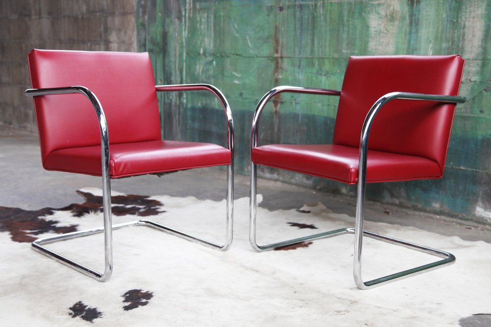 Sedie Mid-Century moderne rosse di Mies Van Der Rohe per Thonet, anni