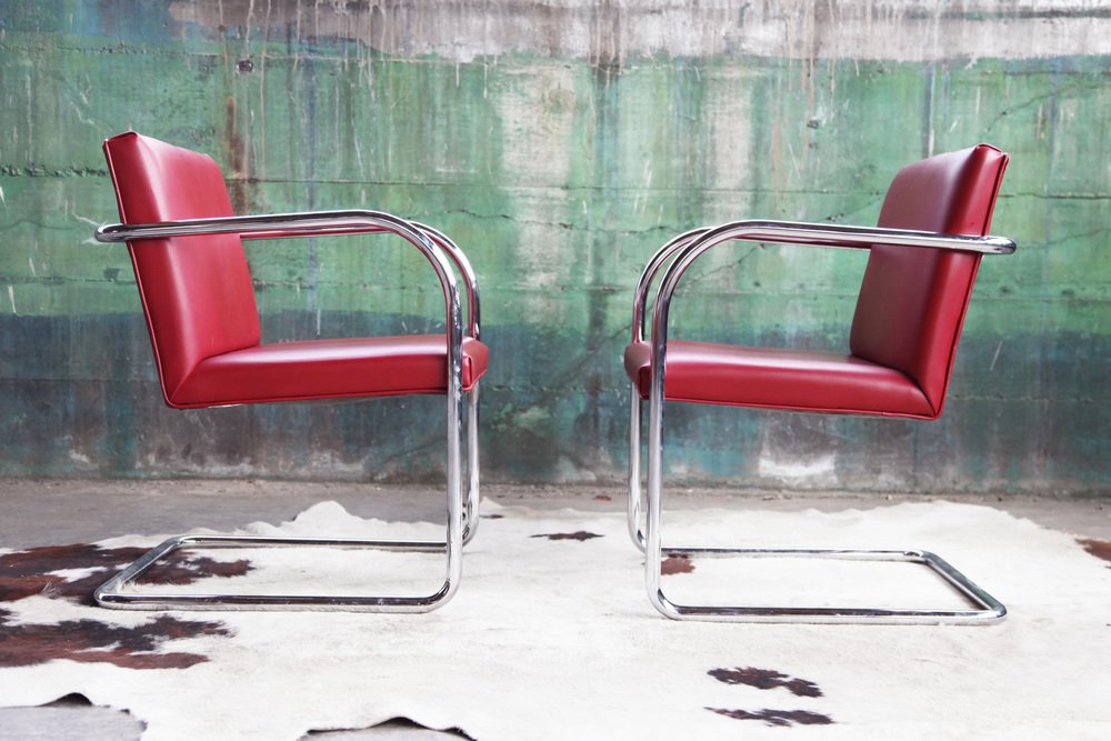 Sedie Mid-Century moderne rosse di Mies Van Der Rohe per Thonet, anni