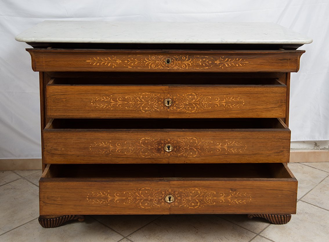 Antique French Chest of Drawers in Exotic Wood with White Marble Top