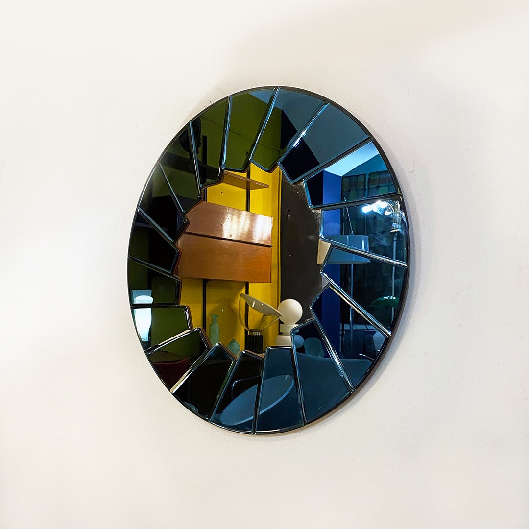 MidCentury Modern Italian Blue Round Mirror with Glass Frame, 1960s