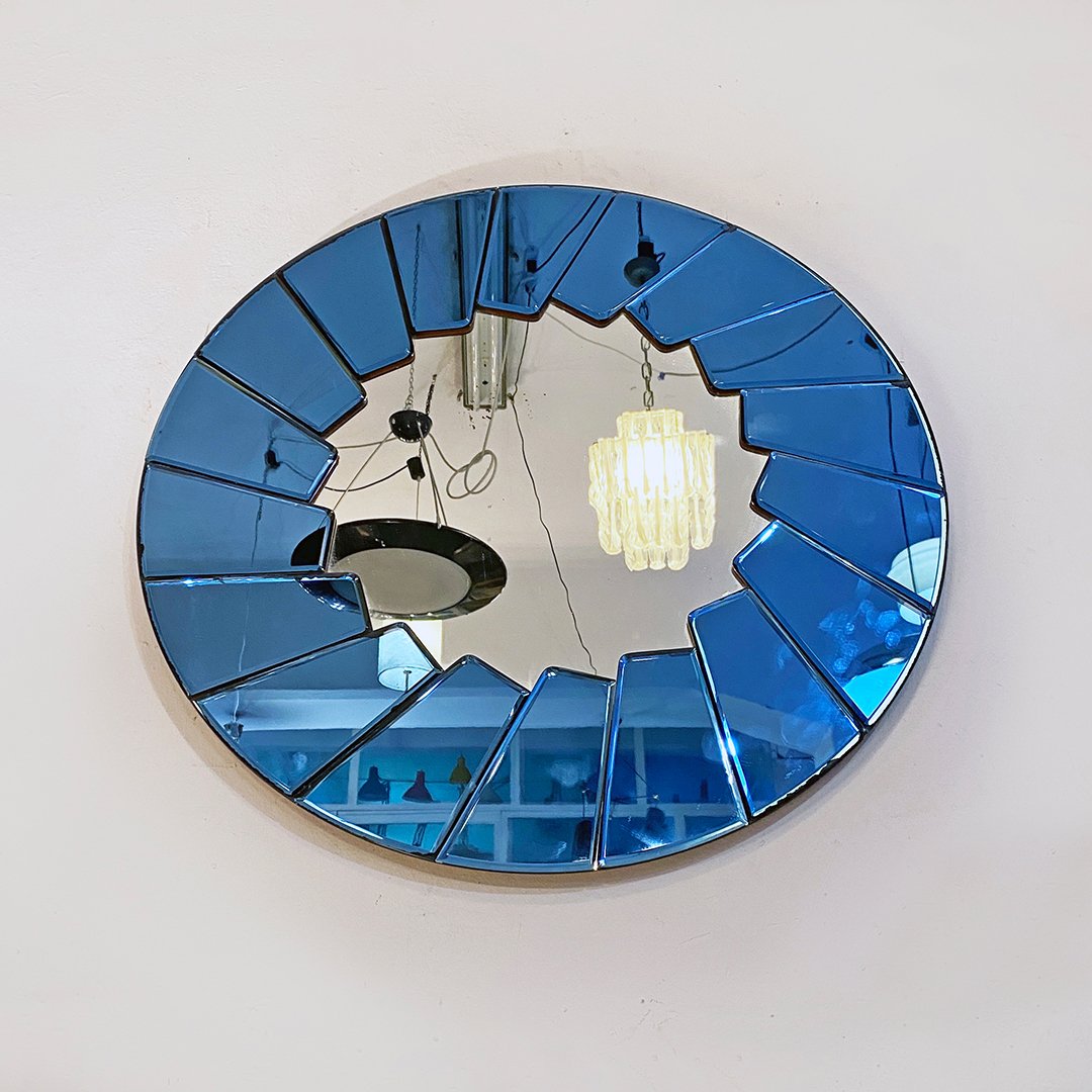 MidCentury Modern Italian Blue Round Mirror with Glass Frame, 1960s
