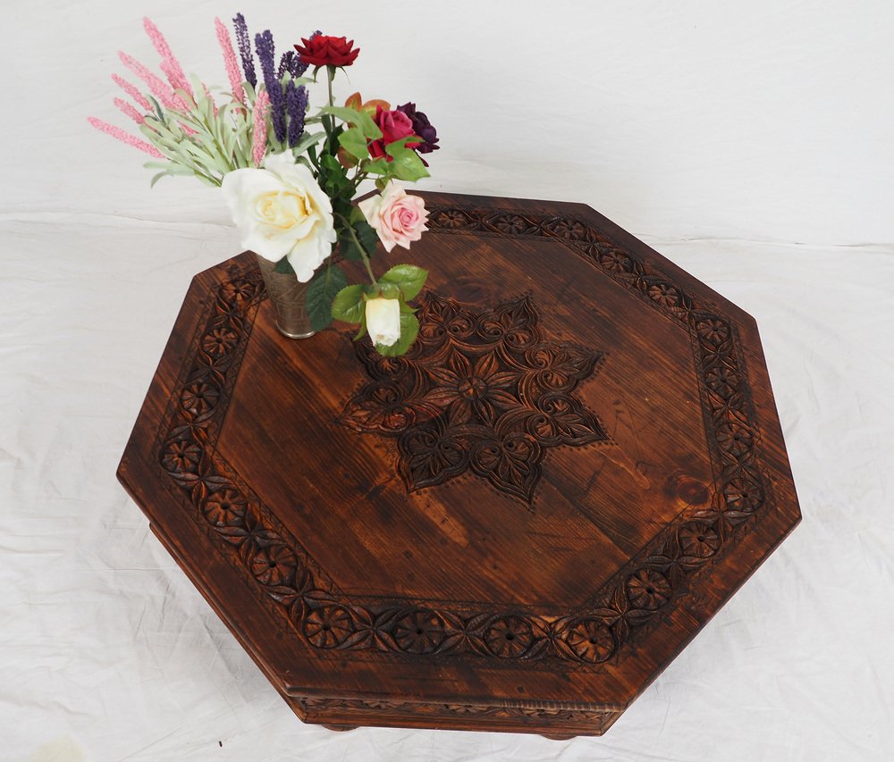 Vintage HandCarved Wood Coffee Table, Nuristan, Afghanistan, 1970s for