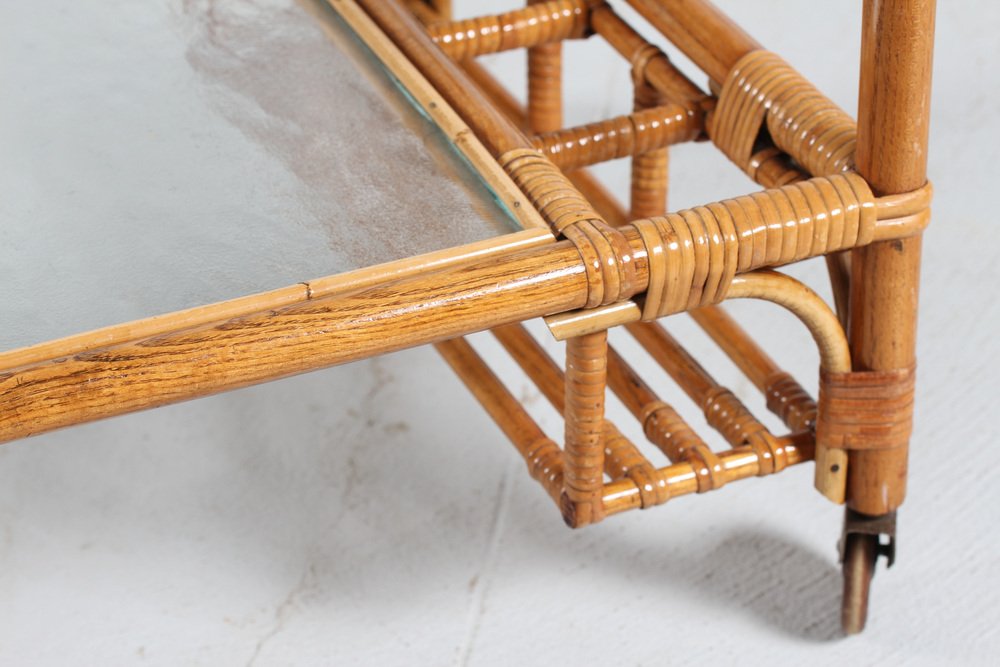 Vintage Cane Bar Trolley on Wheels with Frosted Glass, Denmark, 1950s