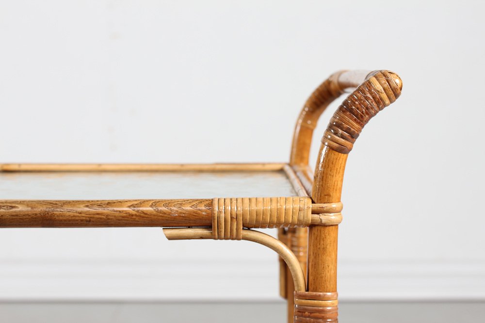 Vintage Cane Bar Trolley on Wheels with Frosted Glass, Denmark, 1950s