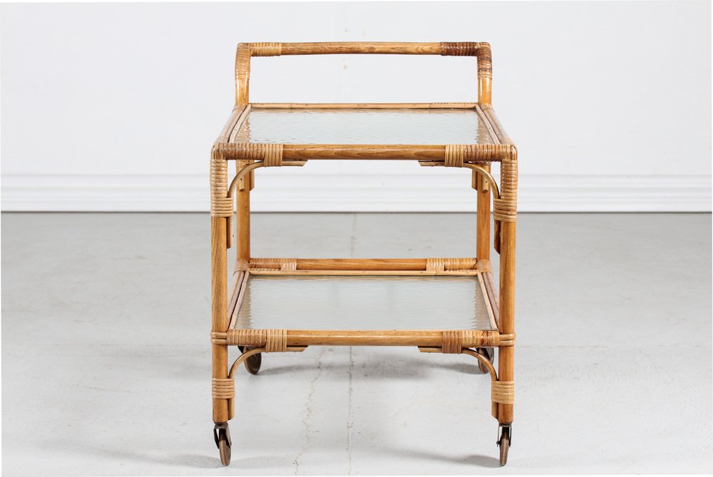 Vintage Cane Bar Trolley on Wheels with Frosted Glass, Denmark, 1950s