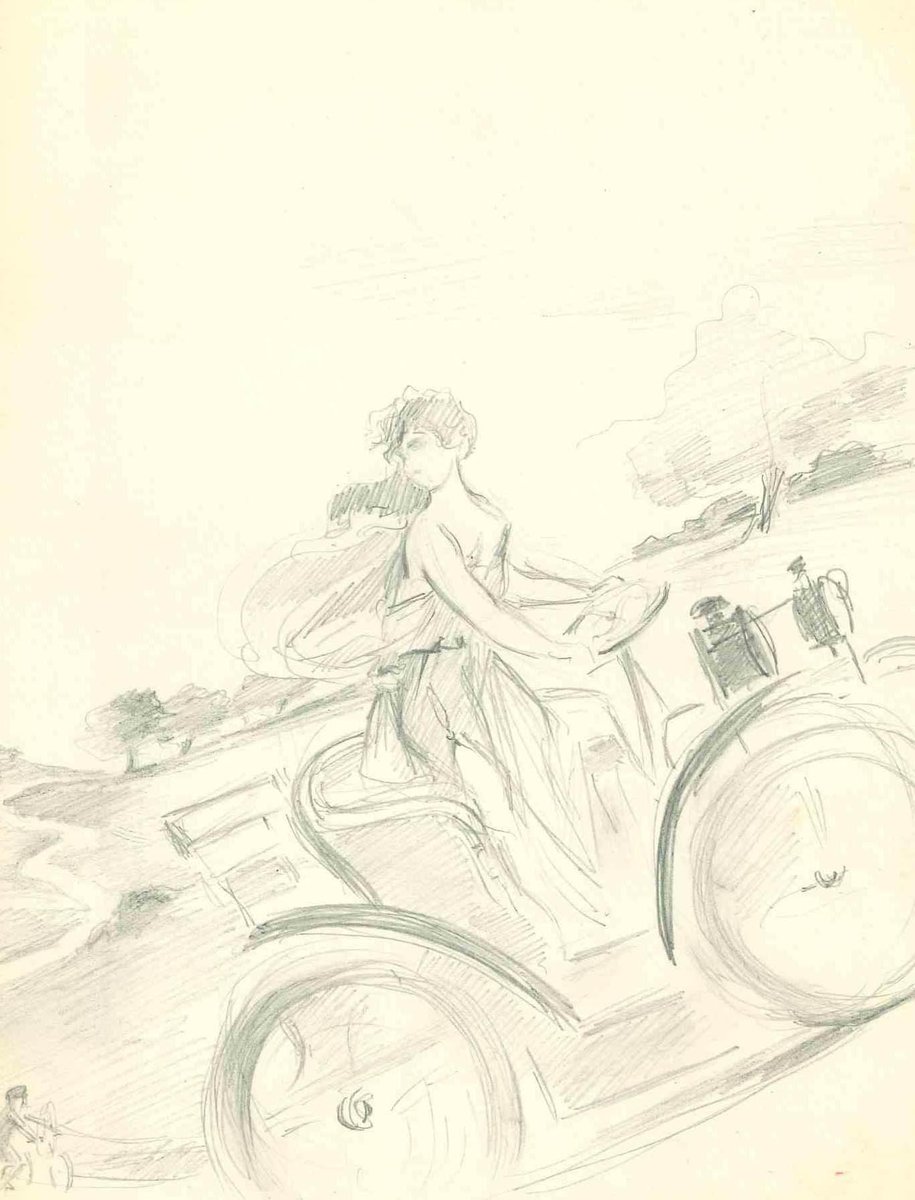 Henri Thiriet, Driving Roman Lady, Original Pencil Drawing, Mid 20th
