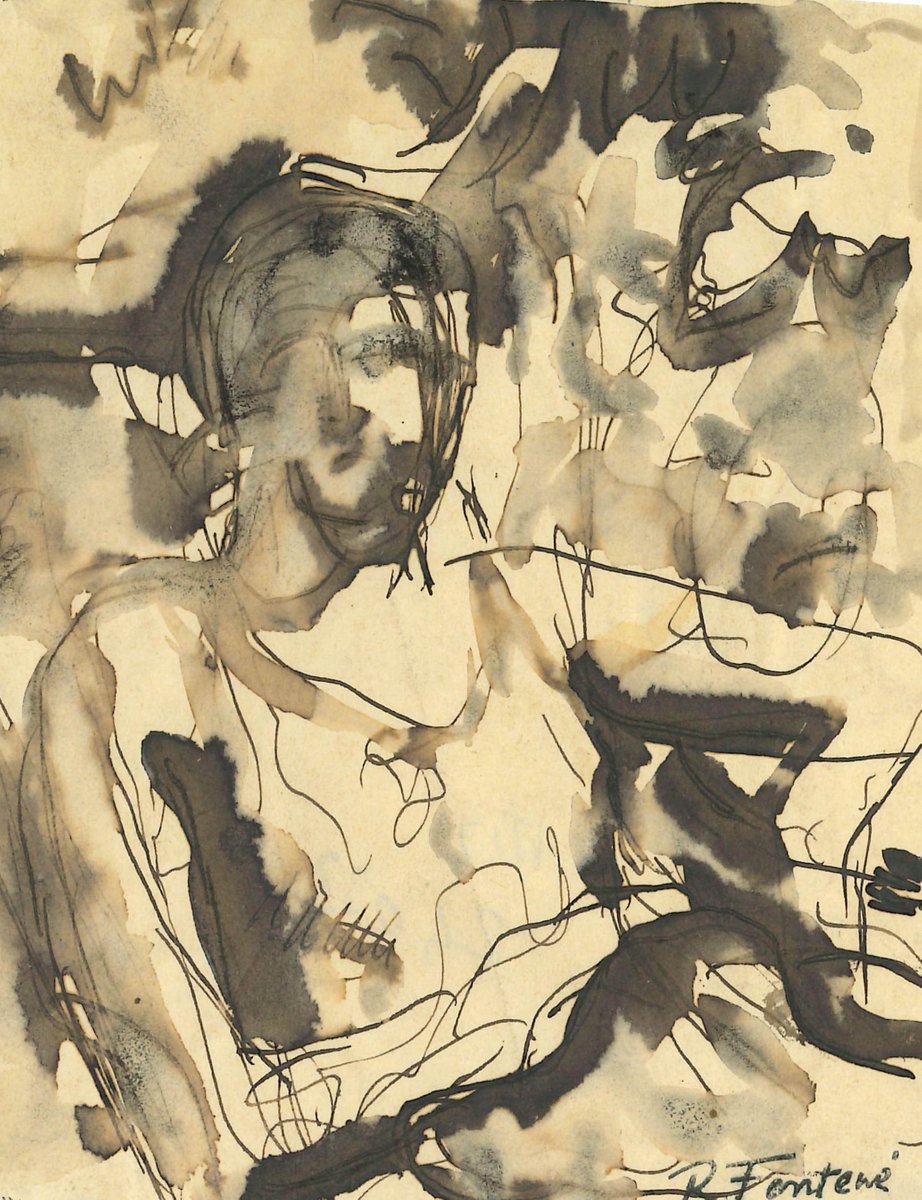 Robert Fontene, The Seated Woman, Original Tusche & Aquarell Zeichnung