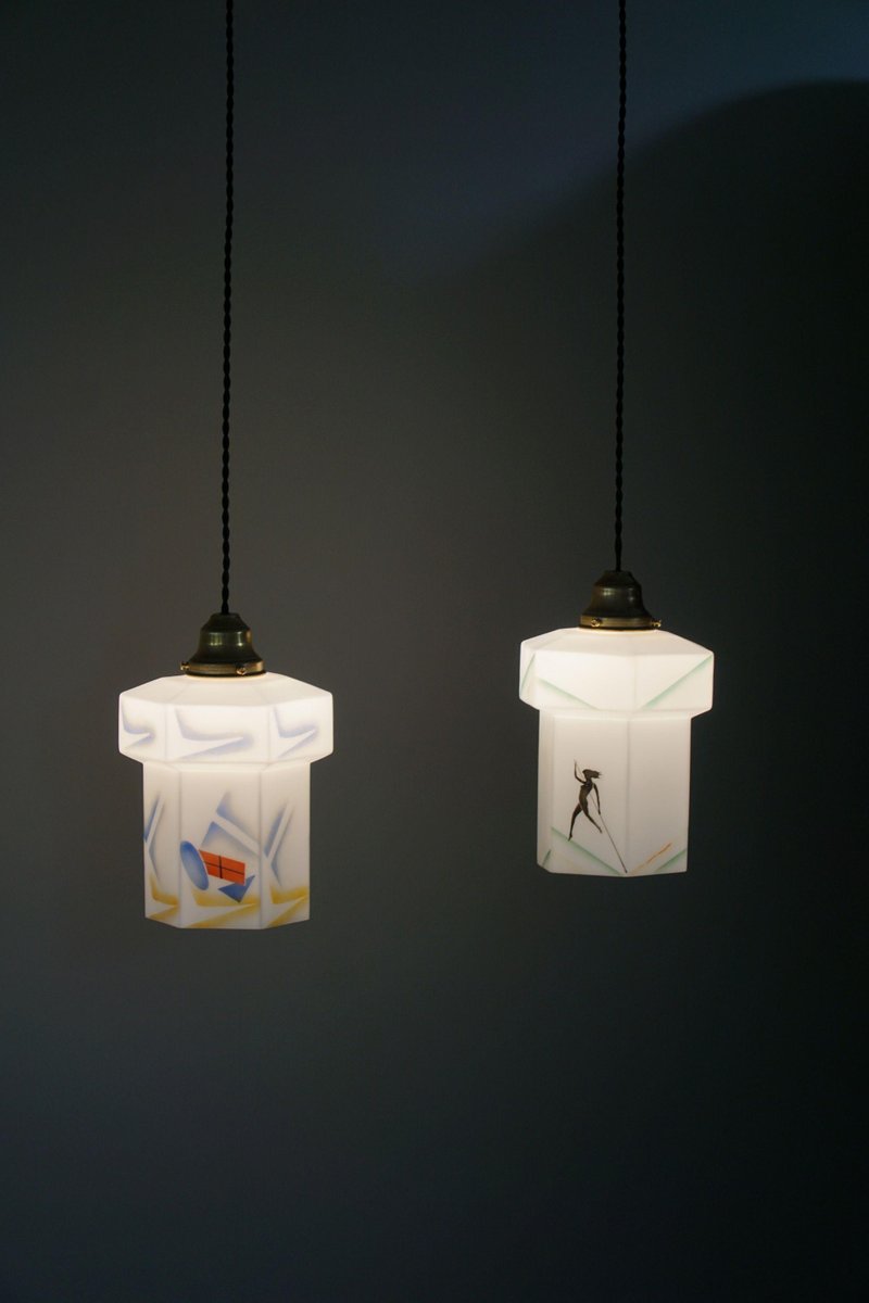 Dänische Art Deco Glas Hängelampen, 1920er, 2er Set bei Pamono kaufen