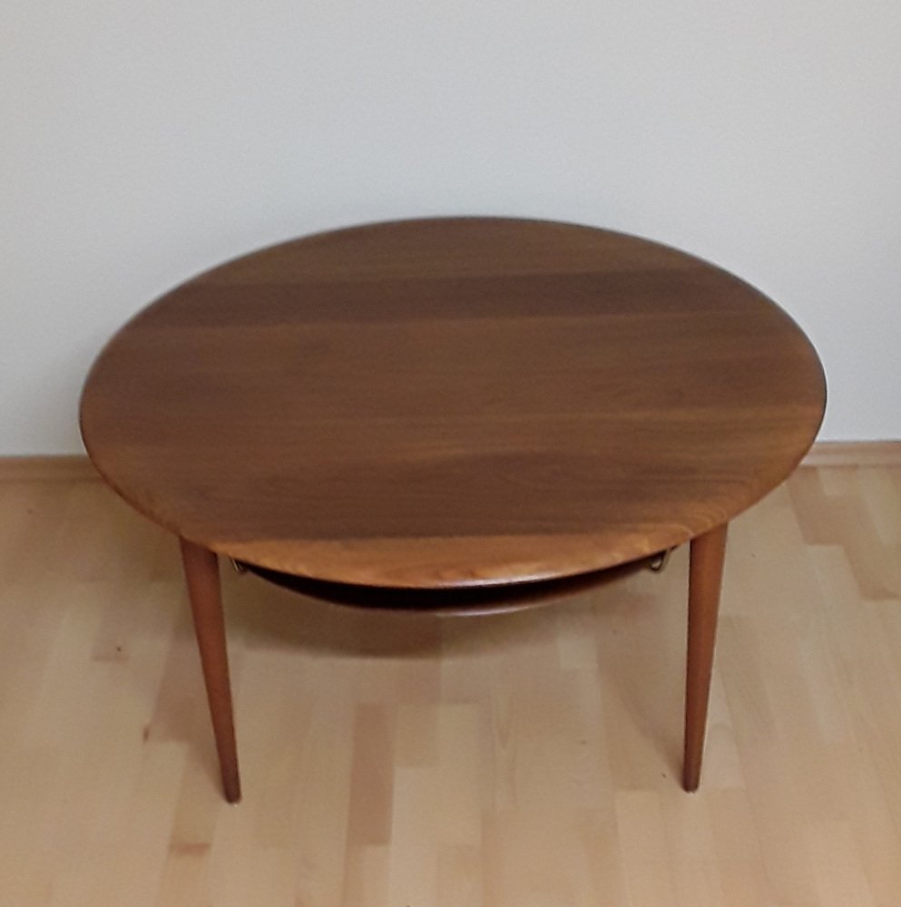 Round Danish Teak Minerva Coffee Table with Reed Storage Compartment by
