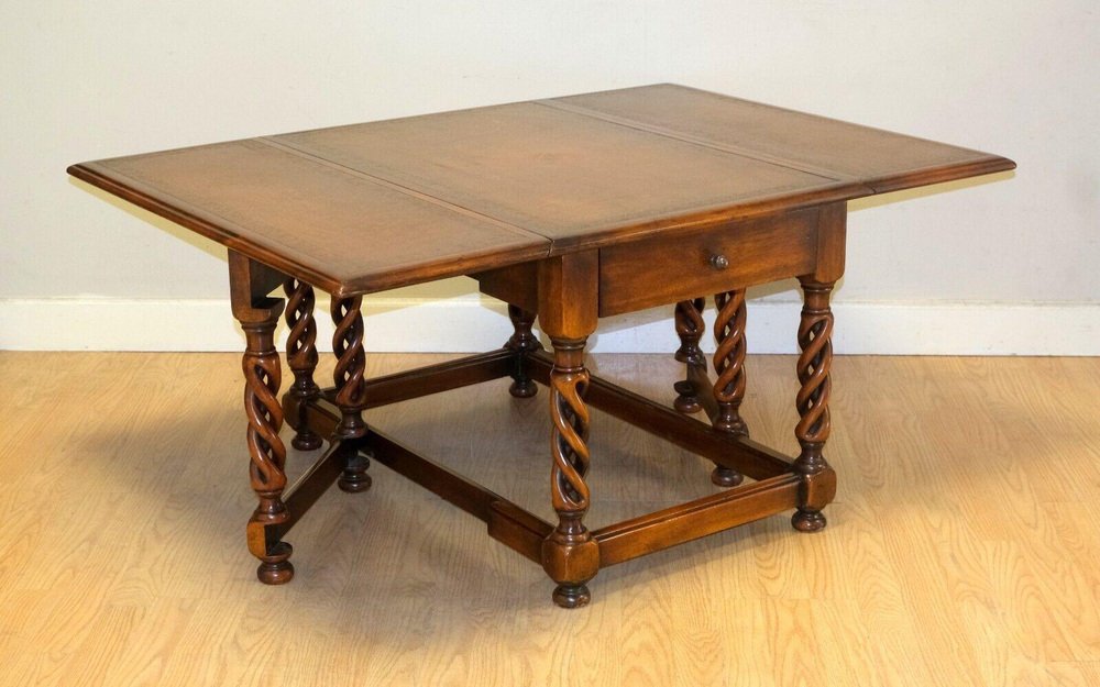 Brown Drop Leaf Coffee Table with Leather Top & Gate Legs attributed to