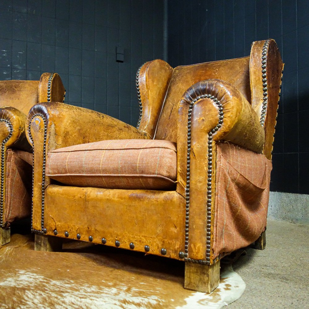 Antique Brown Leather Armchair, 1930s for sale at Pamono