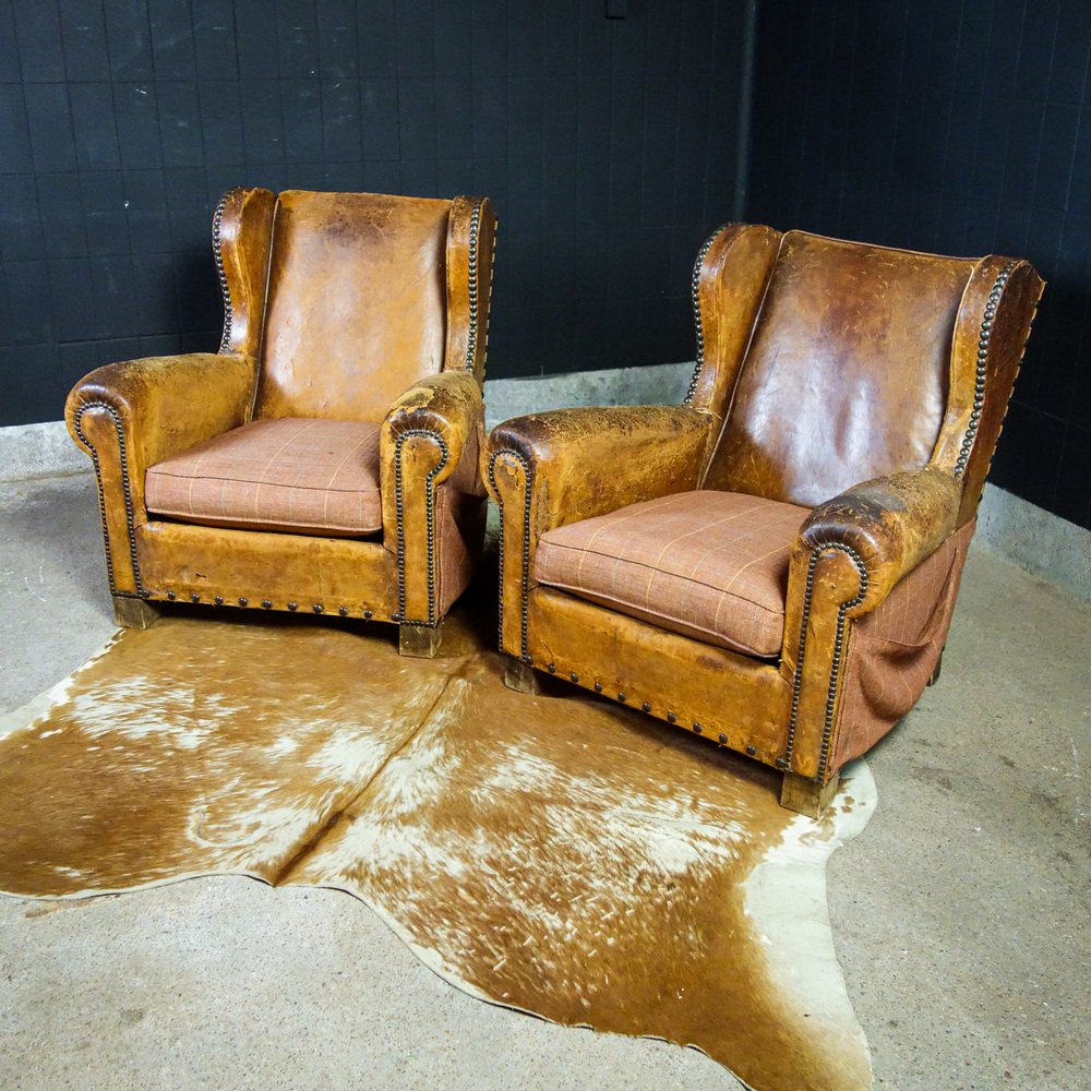 Antique Brown Leather Armchair, 1930s for sale at Pamono
