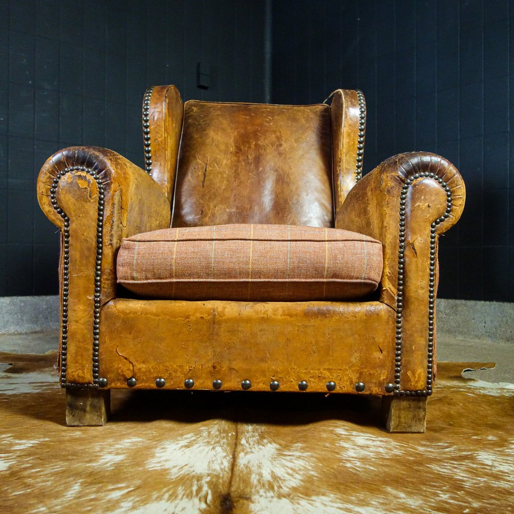Antique Brown Leather Armchair, 1930s for sale at Pamono