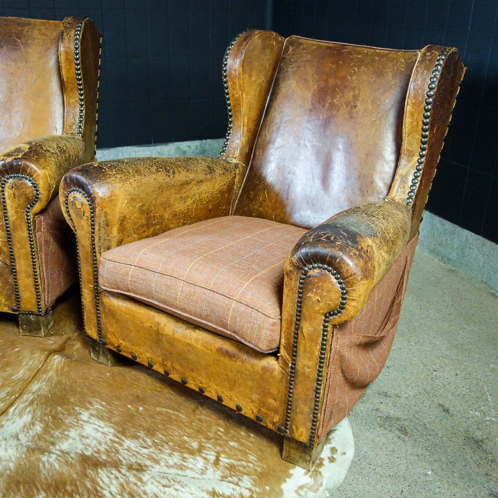 Antique Brown Leather Armchair, 1930s for sale at Pamono