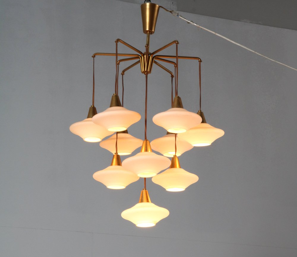 MidCentury Modern Chandelier with 10 Milk Glass Shades, 1960s for sale