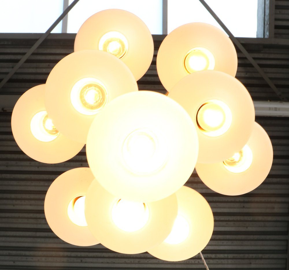 MidCentury Modern Chandelier with 10 Milk Glass Shades, 1960s for sale