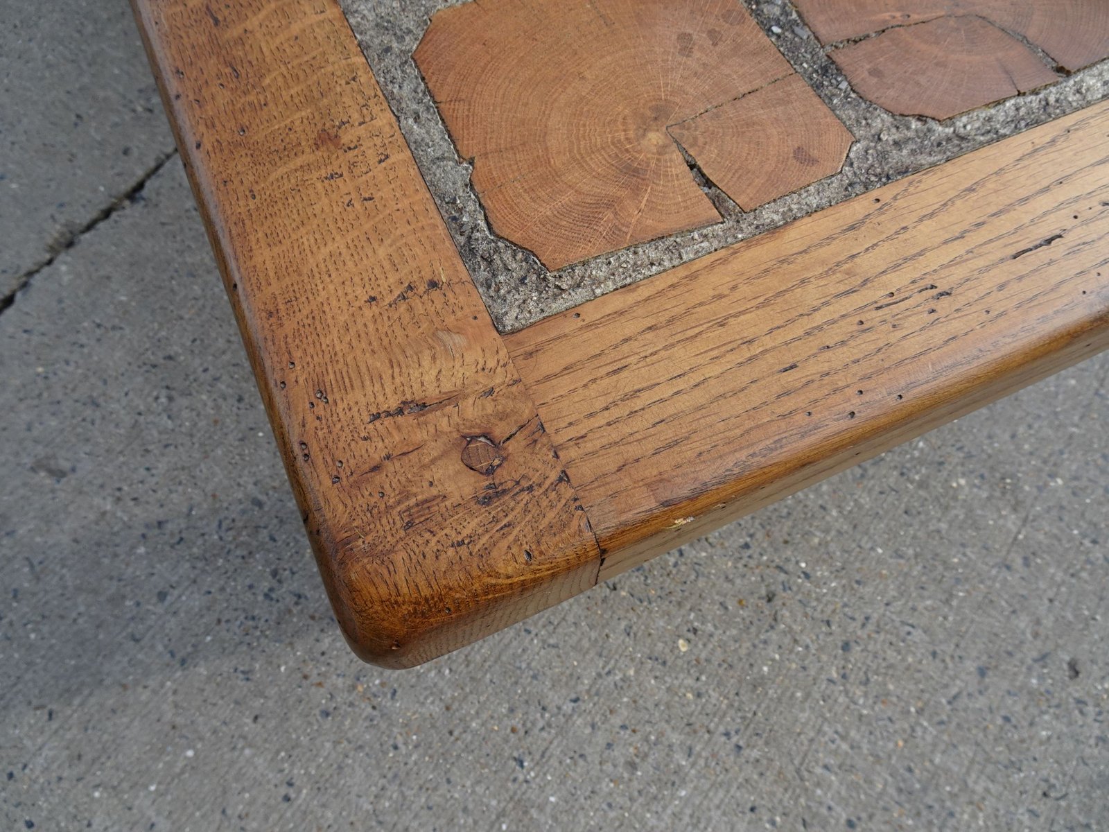 Table Basse Brutaliste Chêne Et Verre - Design 1980 - Origine France