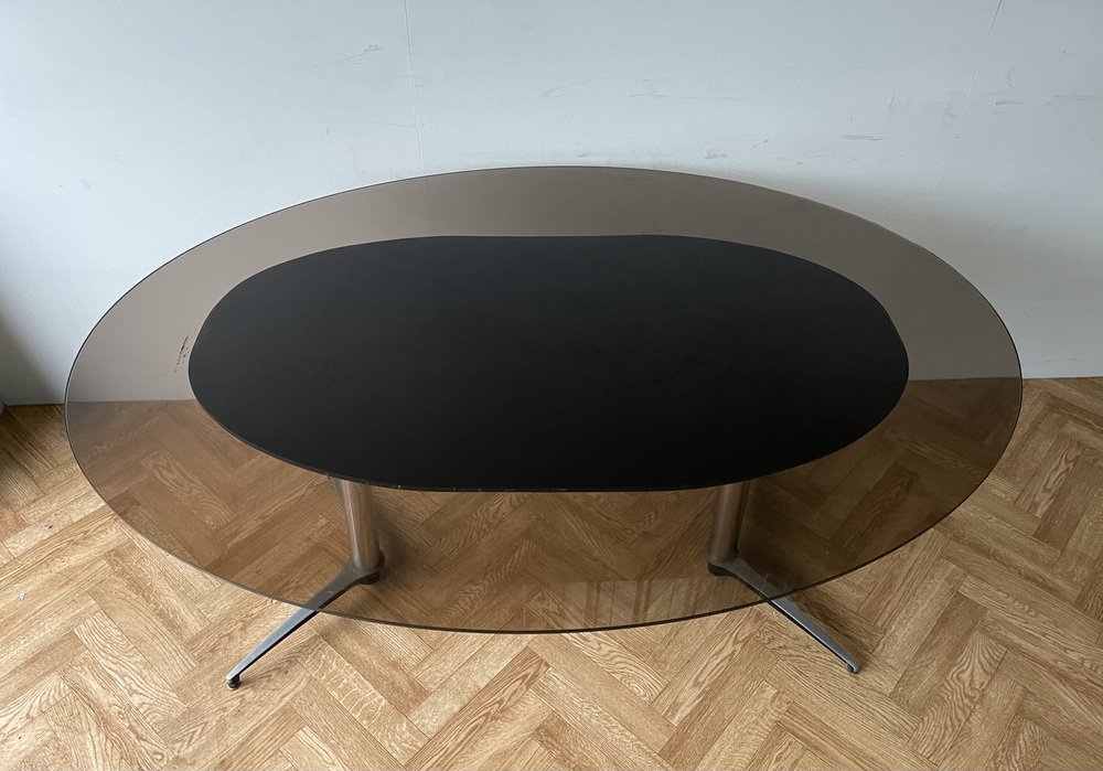 Vintage Smoked Glass Dining Table and Swivel Chairs, Set of 5 for sale