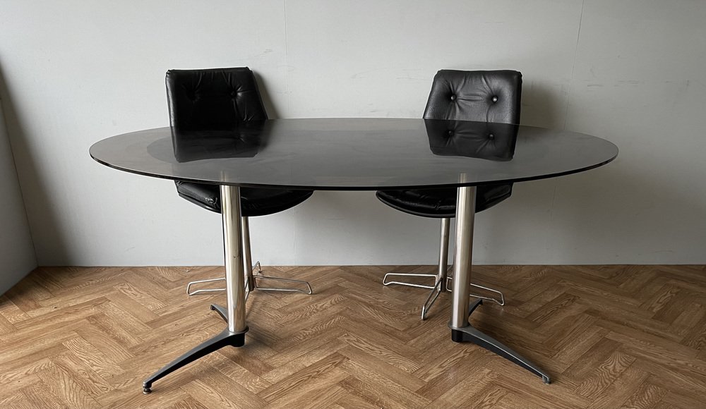 Vintage Smoked Glass Dining Table and Swivel Chairs, Set of 5 for sale