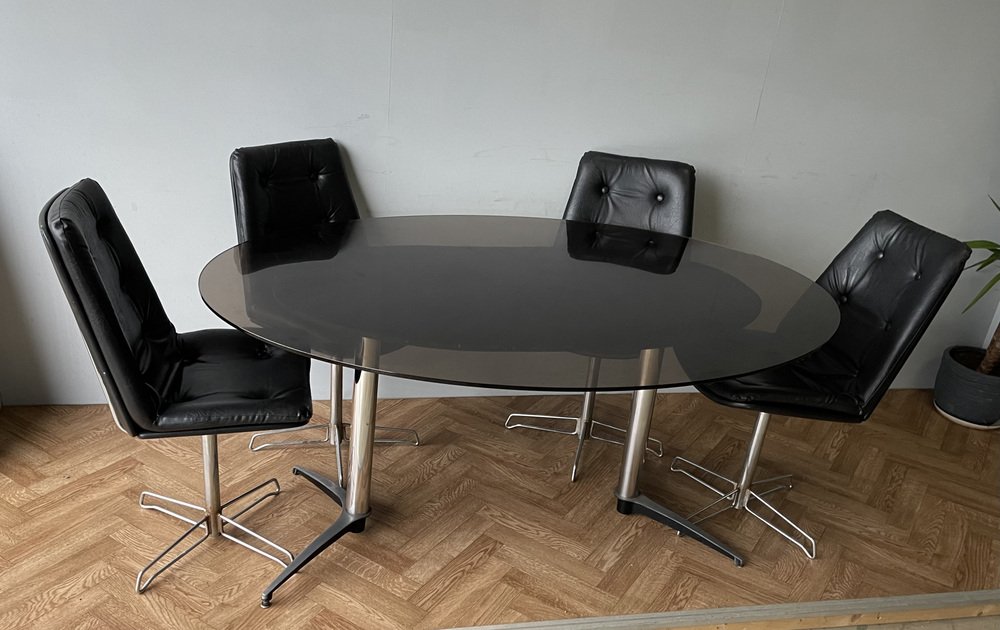 Vintage Smoked Glass Dining Table and Swivel Chairs, Set of 5 for sale
