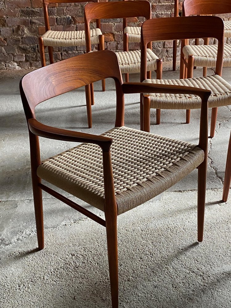 Model 56 & Model 75 Teak and Paper Cord Dining Chairs by Niels Møller