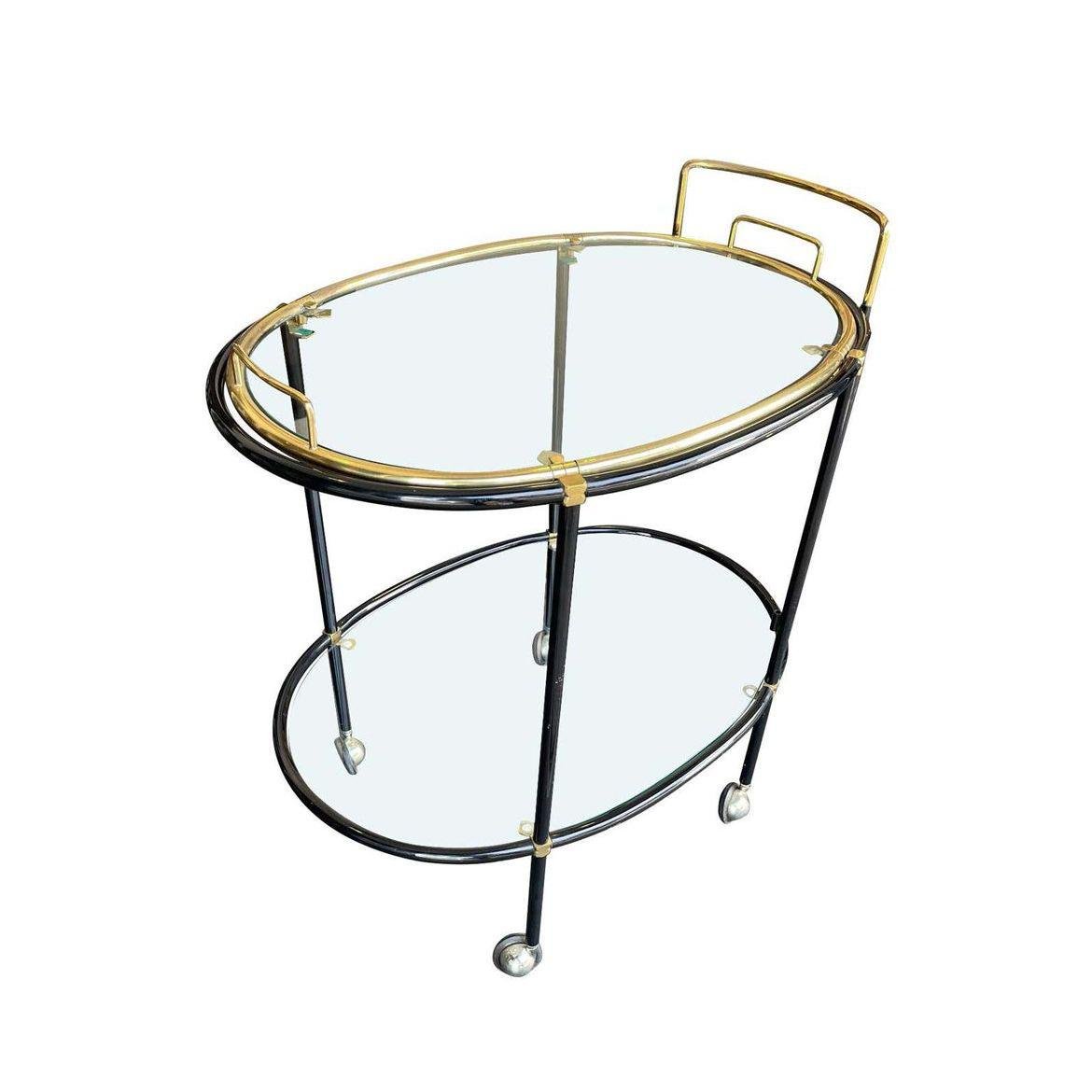 French Black Lacquer and Brass Bar Trolley with Removable Tray Top