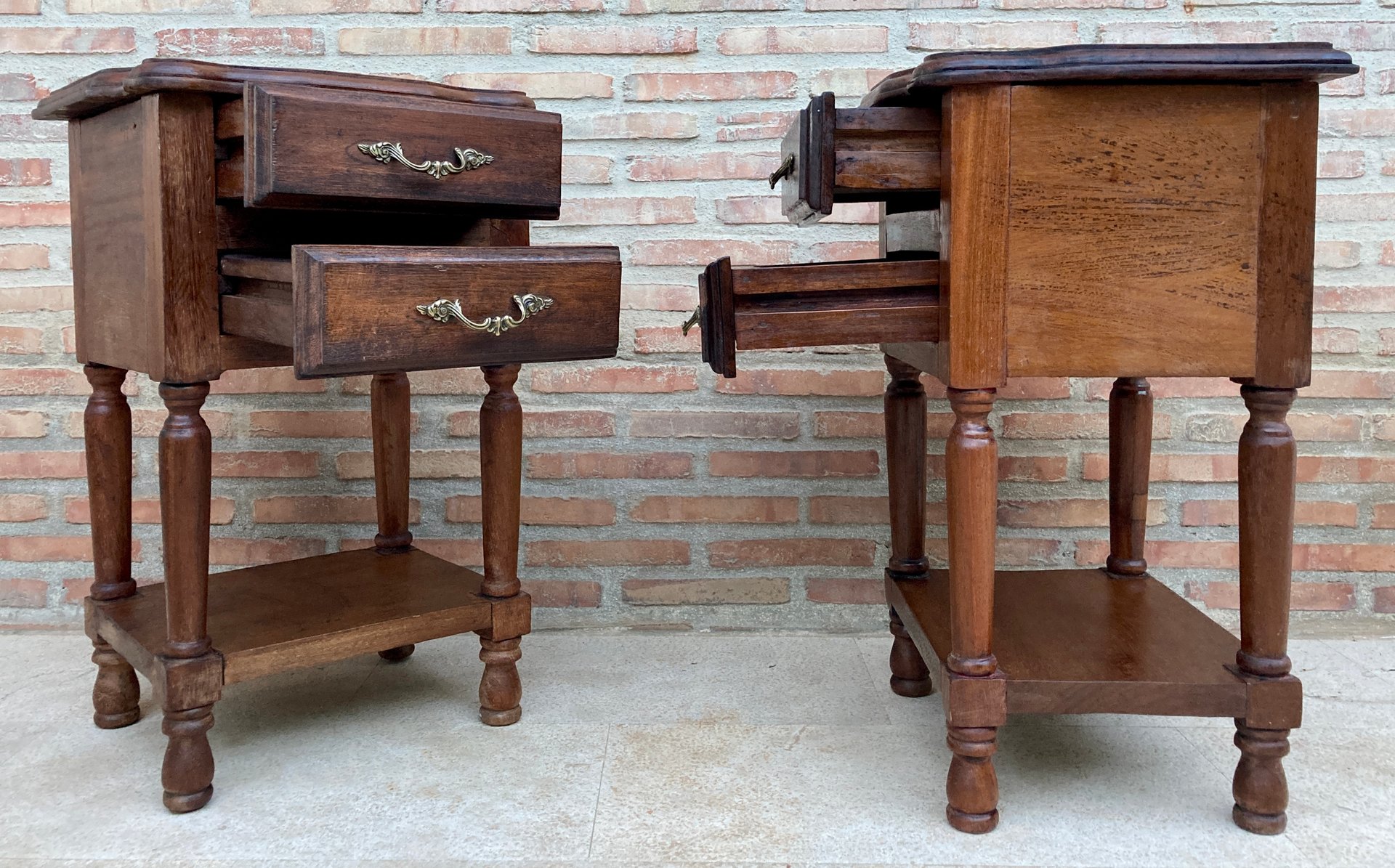 Spanish Nightstands in Walnut with 2 Drawers and Shelf, 1950, Set of 2