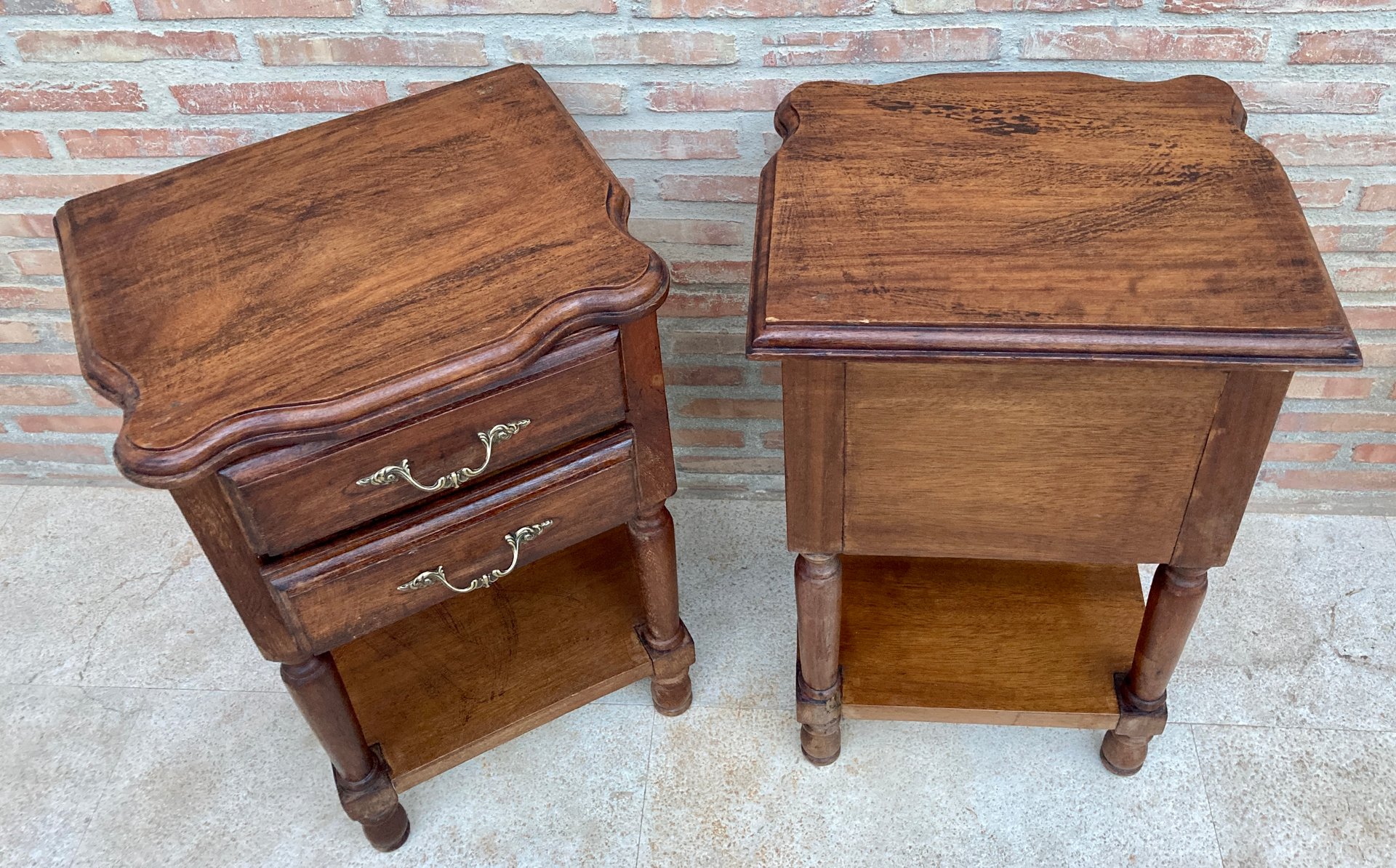 Spanish Nightstands in Walnut with 2 Drawers and Shelf, 1950, Set of 2