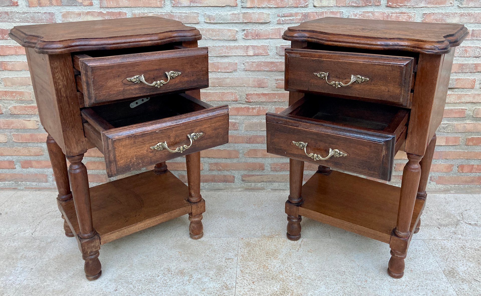 Spanish Nightstands in Walnut with 2 Drawers and Shelf, 1950, Set of 2
