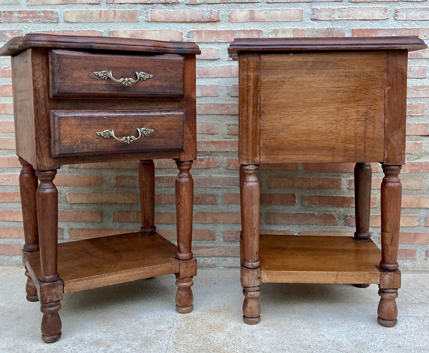 Spanish Nightstands in Walnut with 2 Drawers and Shelf, 1950, Set of 2