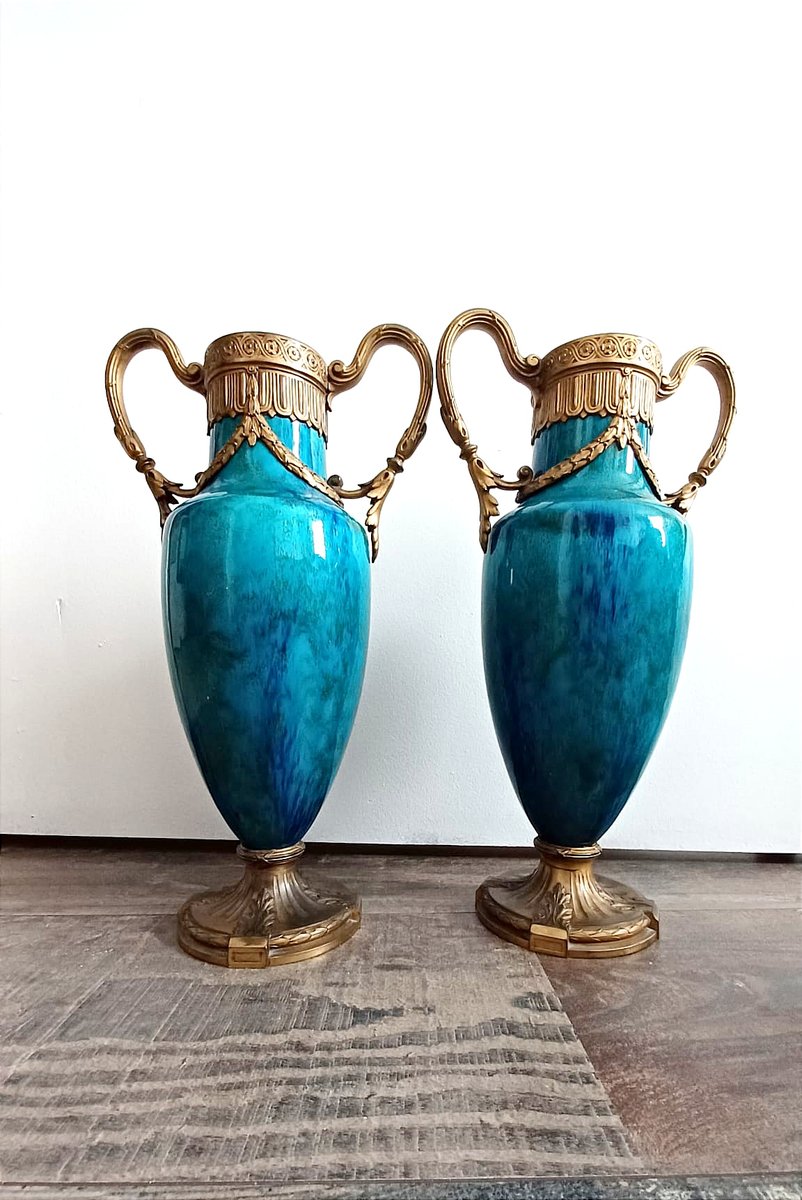 Vases en Bronze de Sèvres avec Faïence Émaillée Verte et Bleue, Set de
