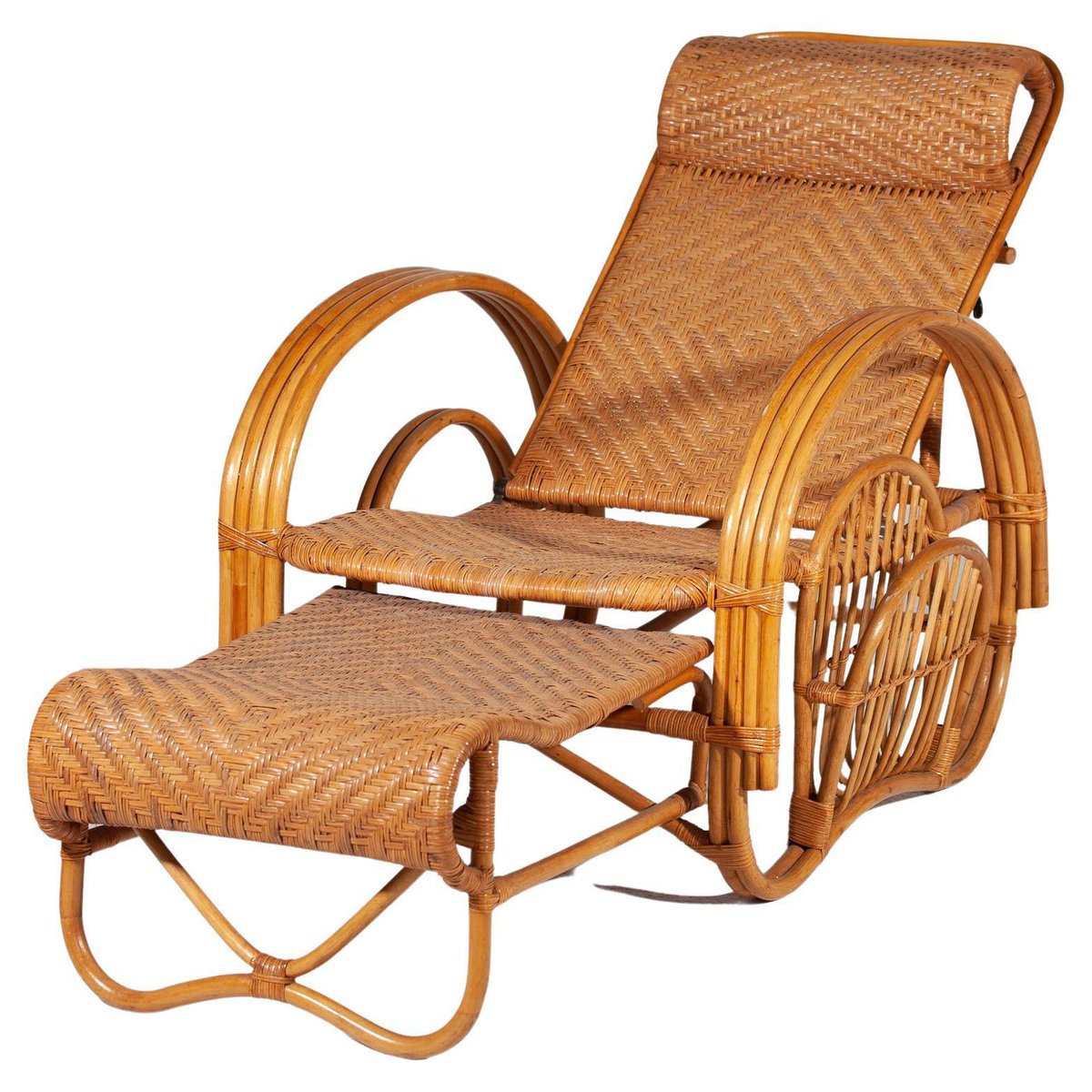 Ausziehbarer Boho Bambus Liegestuhl aus Rattan mit Zeitschriftenhalter