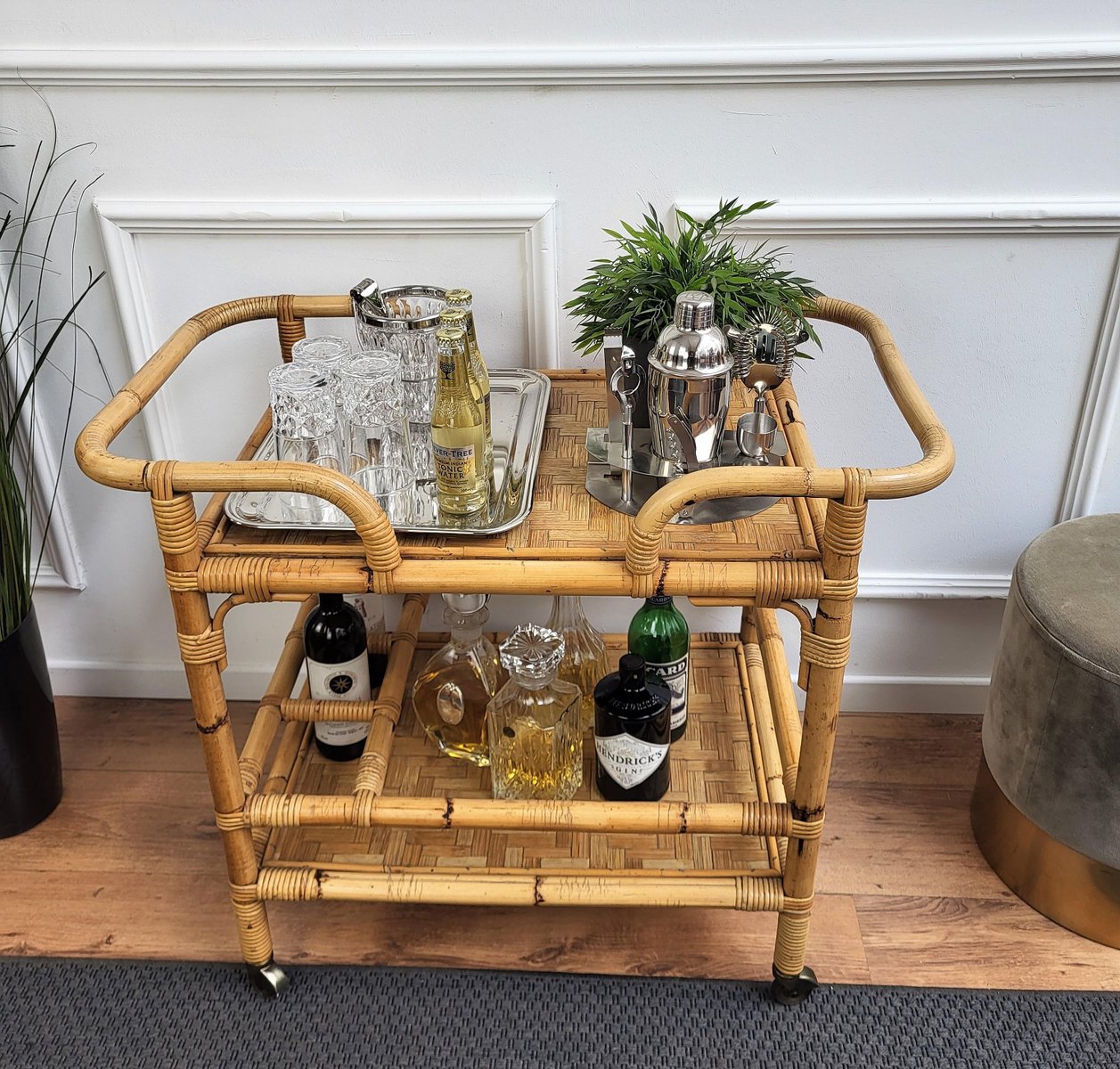 Carrello Bar Globo XXL In Legno Di Eucalipto - Mobile Bar Con Colonne, Bianco Avorio - Foto 9