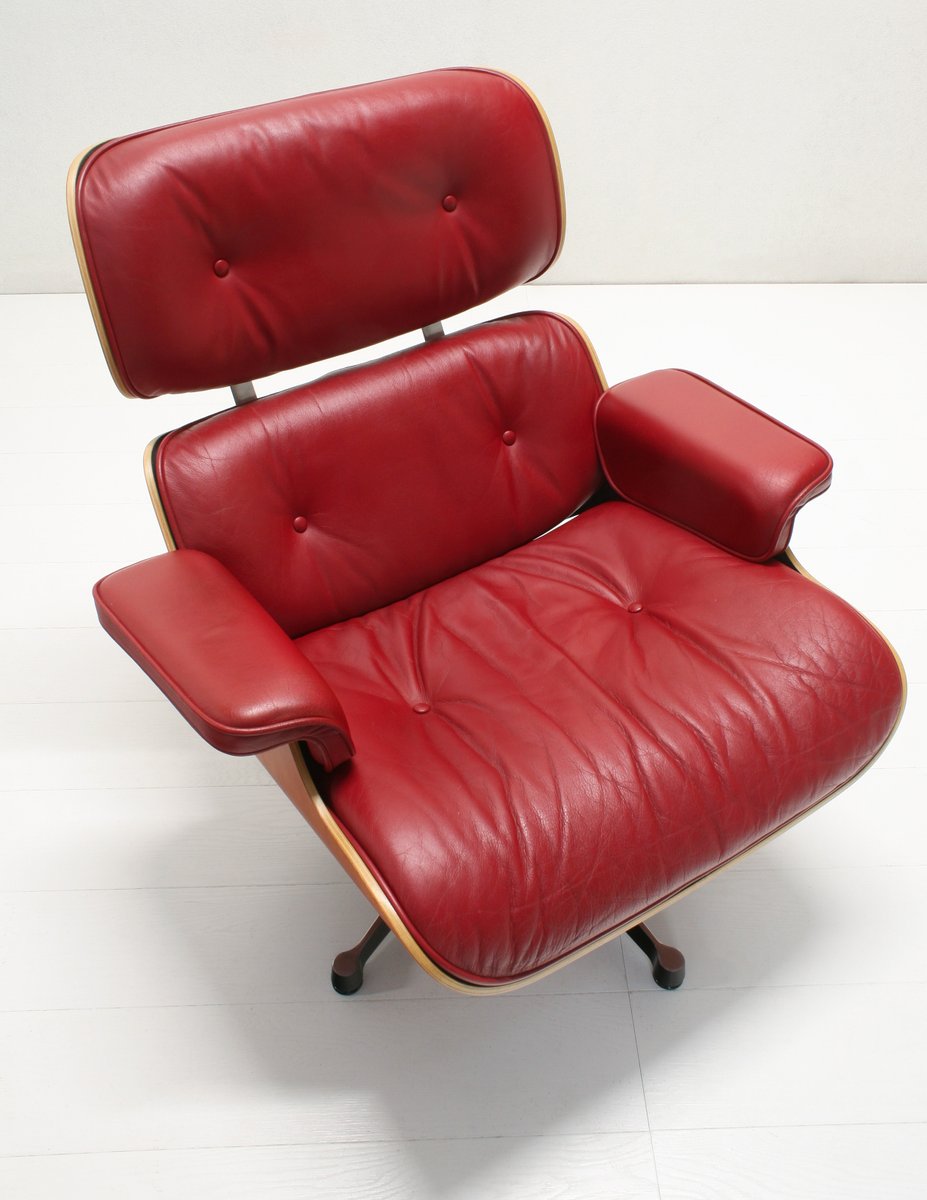 Red Leather Lounge Chair & Ottoman by Charles Eames for Vitra, 2000s